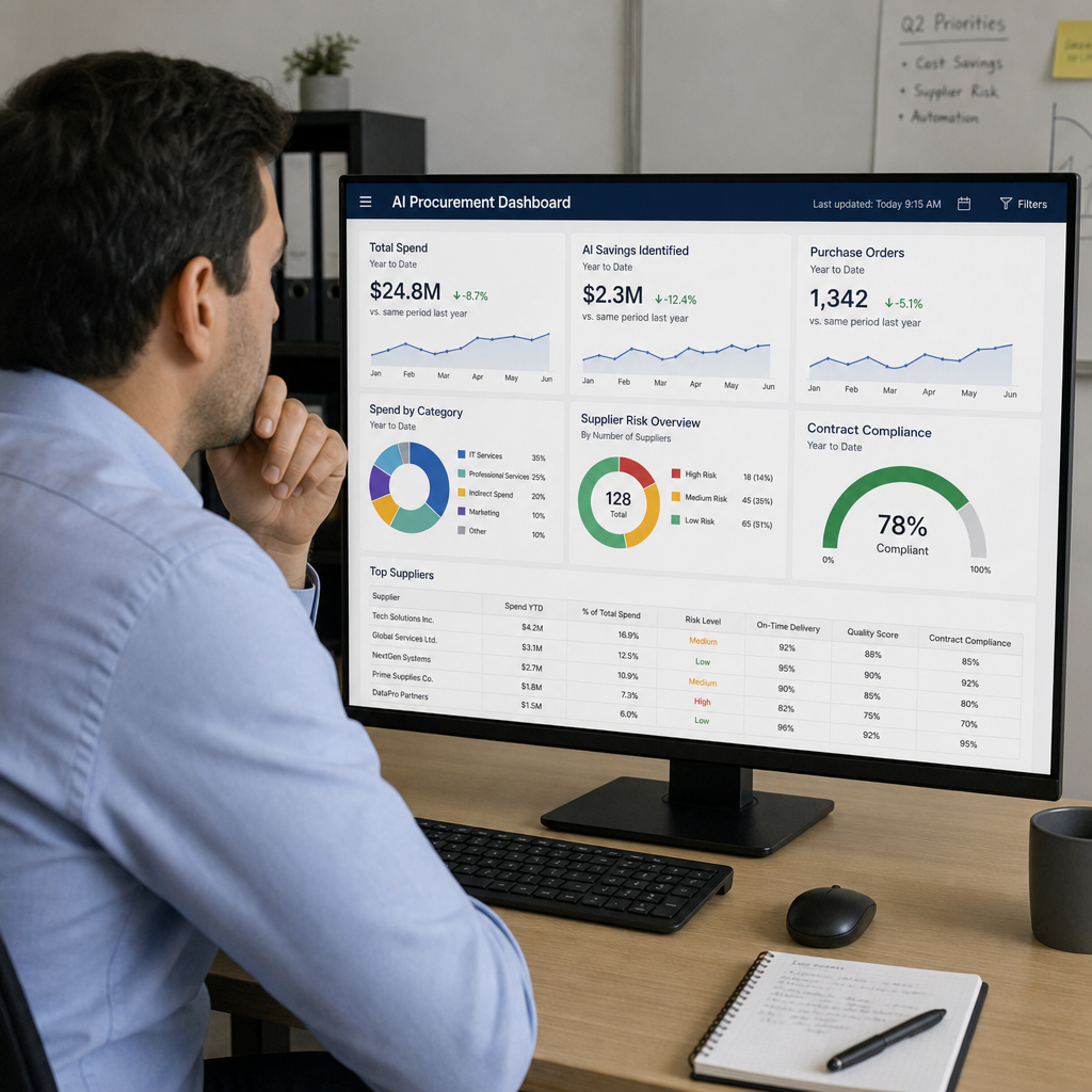 Manager reviewing AI procurement dashboard with spend, risk, and supplier KPIs