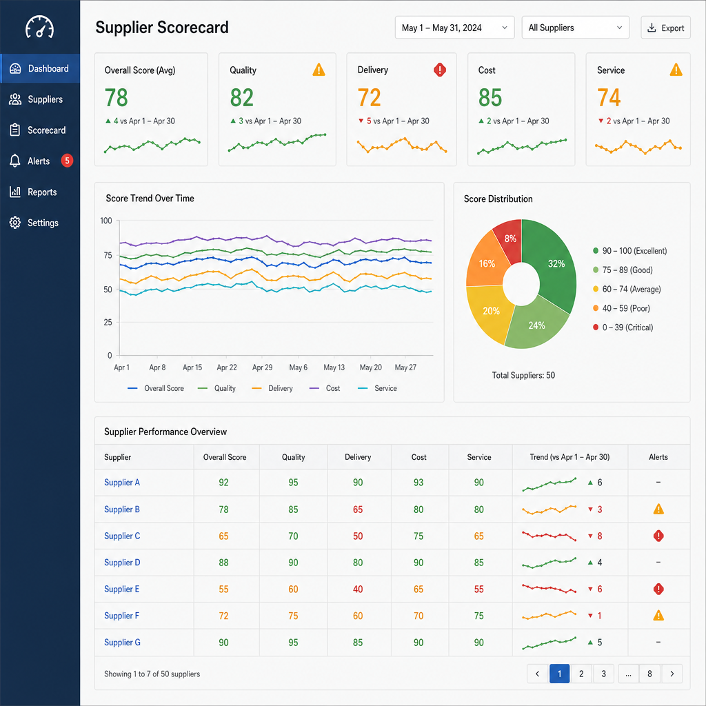 Supplier scorecard dashboard with trend lines and alert flags