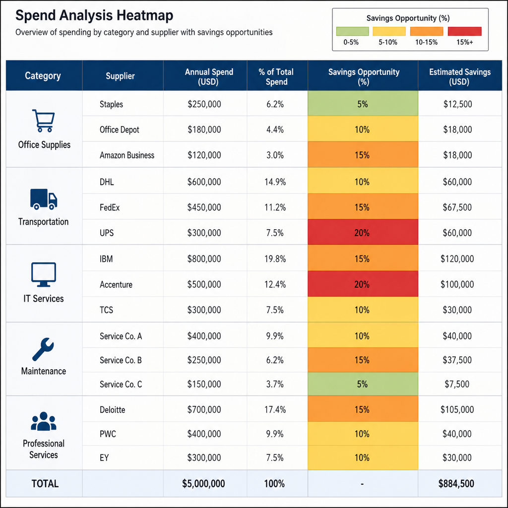 Spend analysis heatmap showing categories, suppliers, and savings opportunities