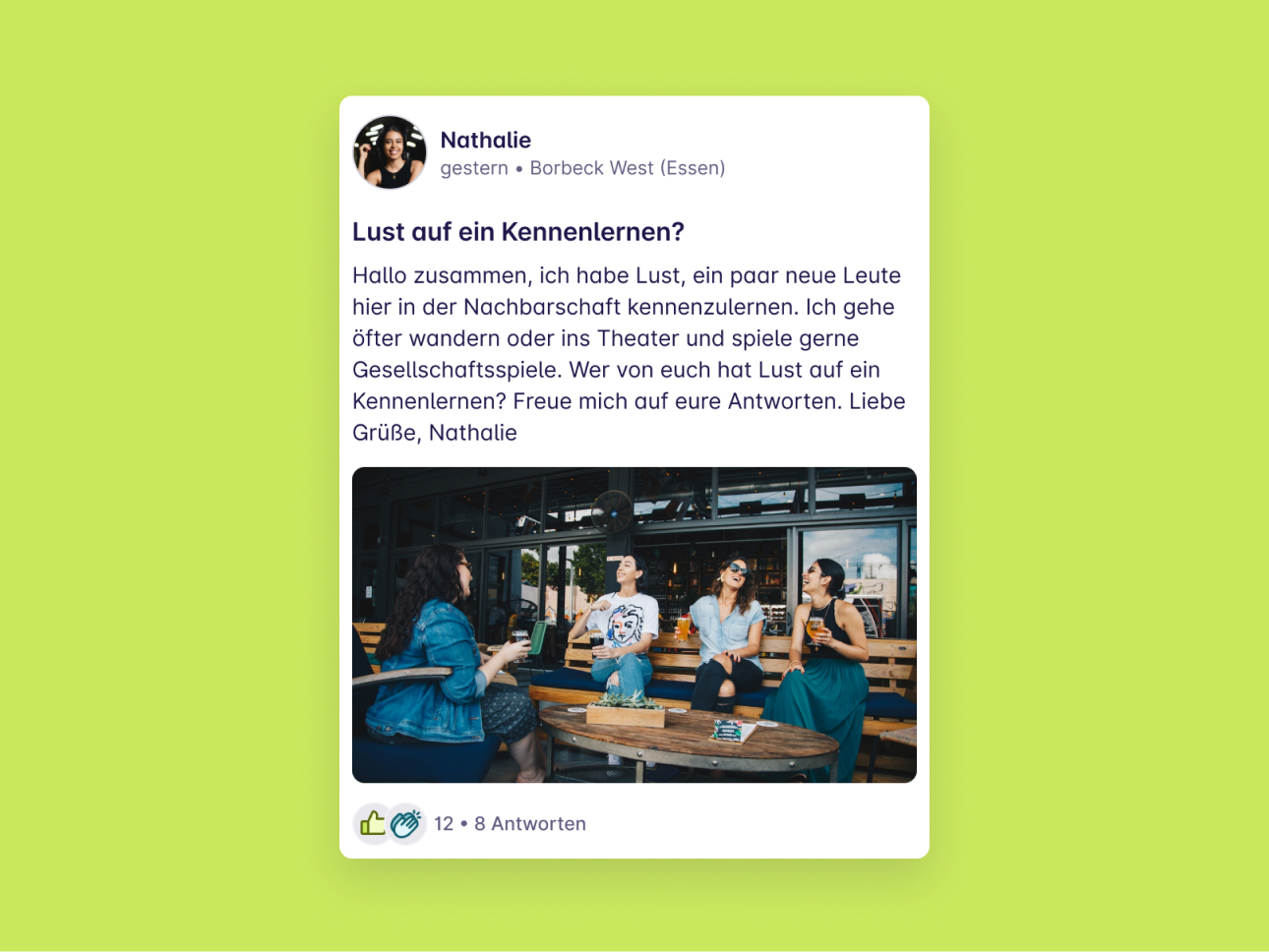 Screeshot von einem Post "Lust auf ein Kennenlernen?" von Nathalie aus Borbeck West (Essen)