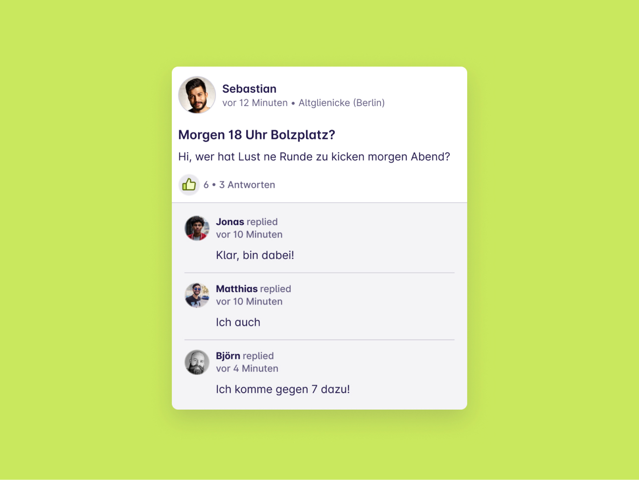 Screeshot von einem Post "Morgen 18 Uhr Bolzplatz?" von Sebastian aus Altglienicke (Berlin)