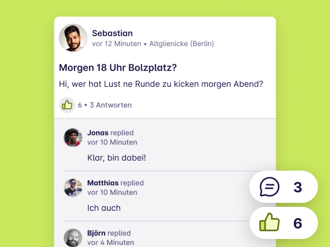 Screeshot von einem Post "Morgen 18 Uhr Bolzplatz?" von Sebastian aus Altglienicke (Berlin)