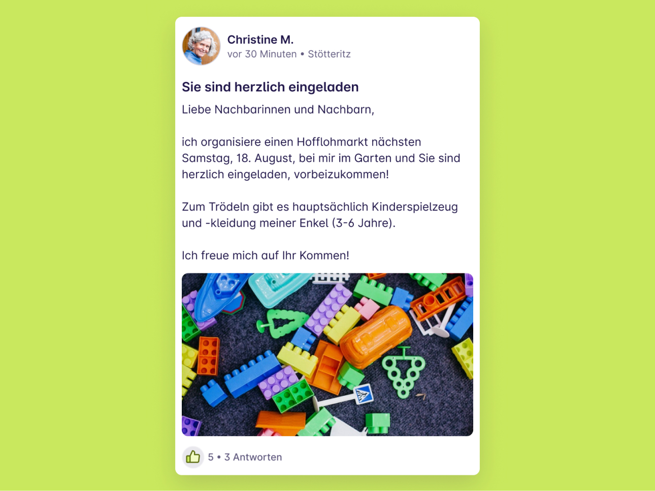 Screeshot von einem Post "Sie sind herzlich eingeladen" von Christine M. aus Stötteritz