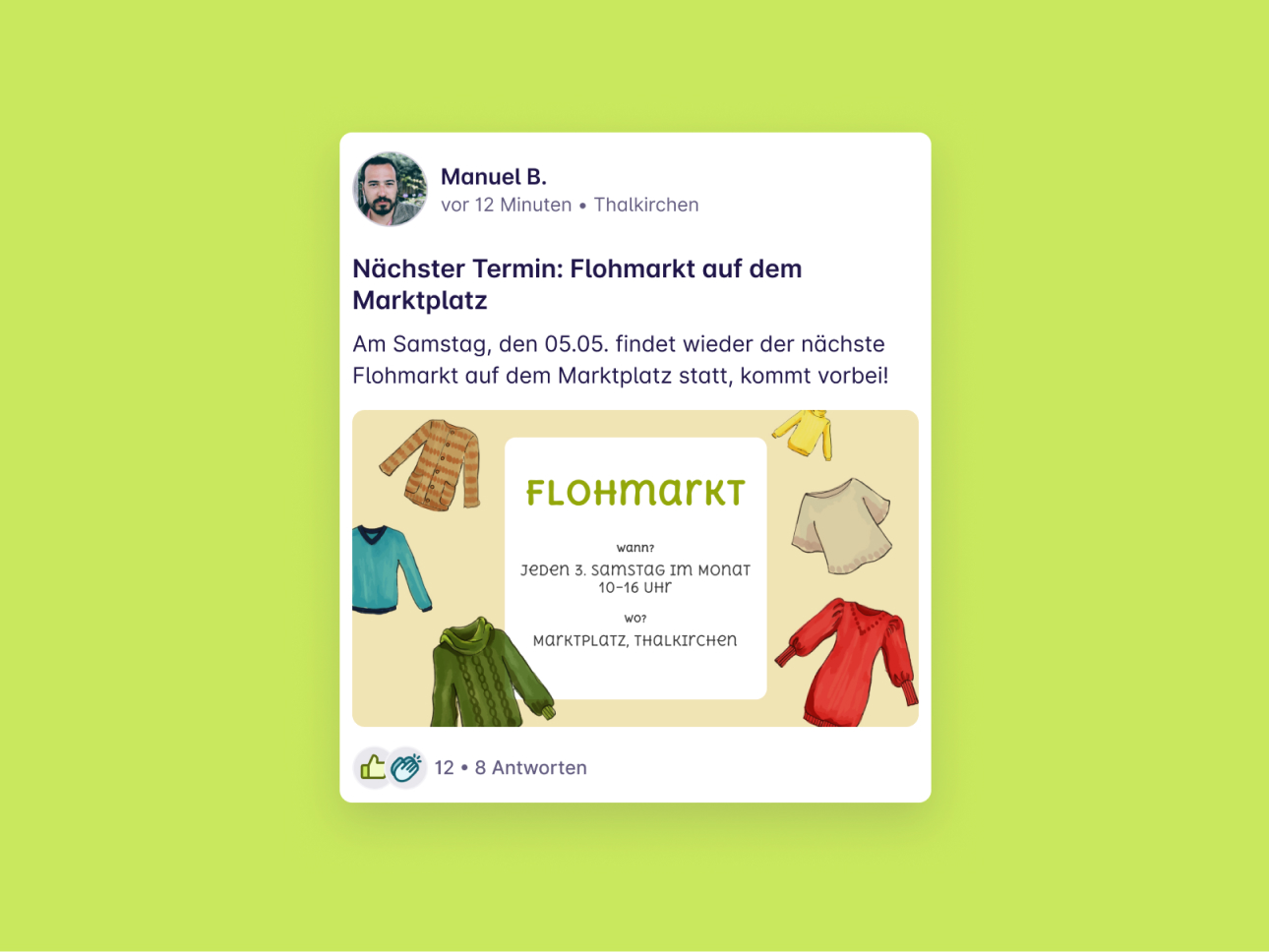 Screenshot von einem Post "Nächster Termin: Flohmarkt auf dem Marktplatz" von Manuel B. aus Thalkirchen