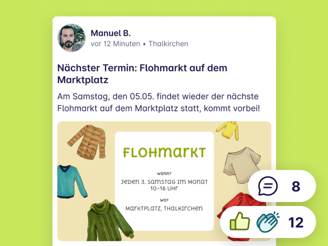 Screenshot von einem Post "Nächster Termin: Flohmarkt auf dem Marktplatz" von Manuel B. aus Thalkirchen
