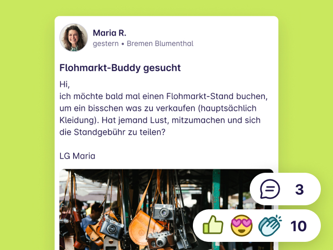 Screenshot von einem Post "Flohmarkt-Buddy gesucht" von Maria R. aus Blumenthal