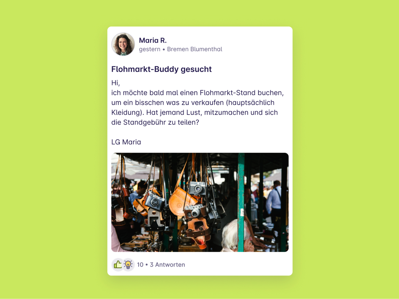 Screenshot von einem Post "Flohmarkt-Buddy gesucht" von Maria R. aus Blumenthal