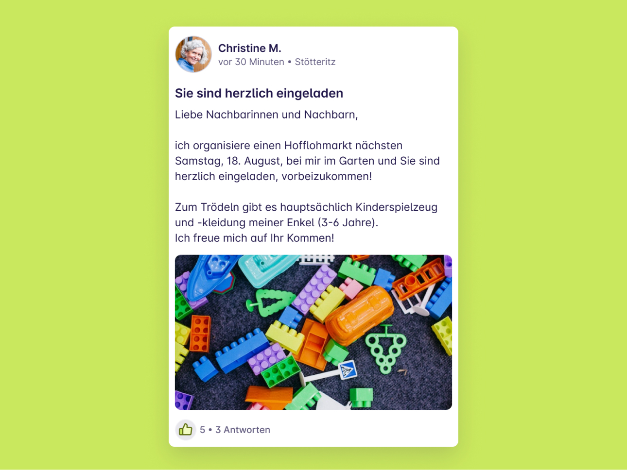 Screenshot von einem Post "Sie sind herzlich eingeladen" von Christine M. aus Stötteritz