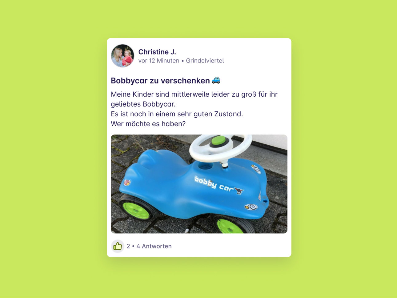 Screenshot von einem Post "Bobbycar zu verschenken" von Christine J. aus Grindelviertel