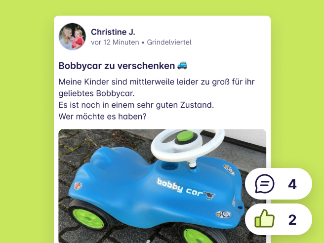 Screenshot von einem Post "Bobbycar zu verschenken" von Christine J. aus Grindelviertel