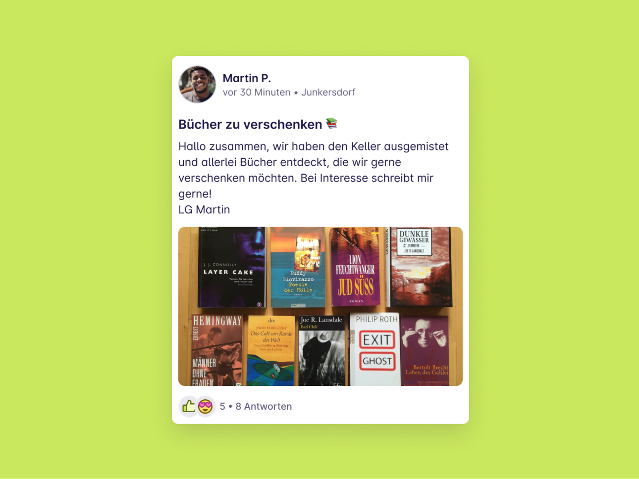 Screenshot von einem Post "Bücher zu verschenken" von Martin P. aus Junkersdorf