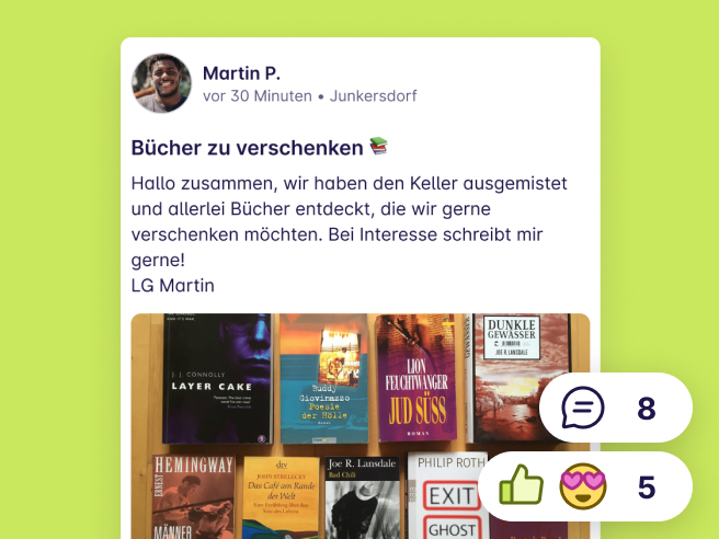 Screenshot von einem Post "Bücher zu verschenken" von Martin P. aus Junkersdorf