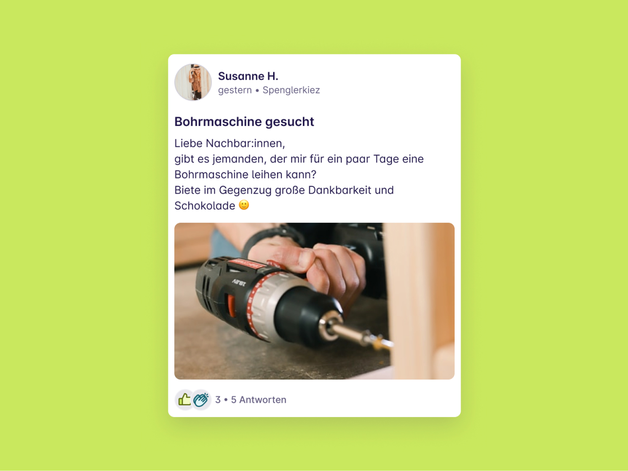 Screenshot von einem Post "Bohrmaschine gesucht" von Susanne H. aus Spenglerkiez