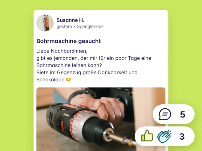 Screenshot von einem Post "Bohrmaschine gesucht" von Susanne H. aus Spenglerkiez
