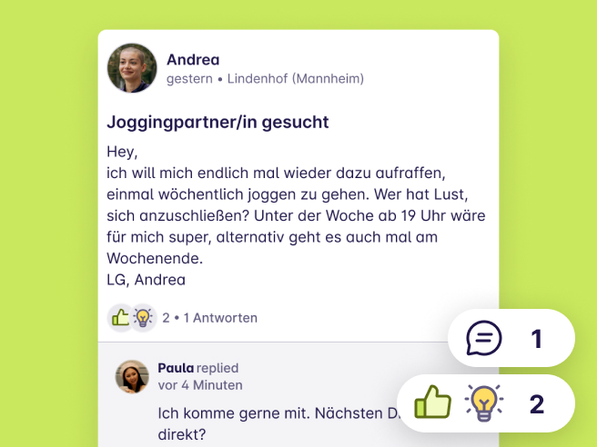 Screenshot von einem Post "Joggingpartner/in gesucht" von Andrea aus Lindenhof (Mannheim)