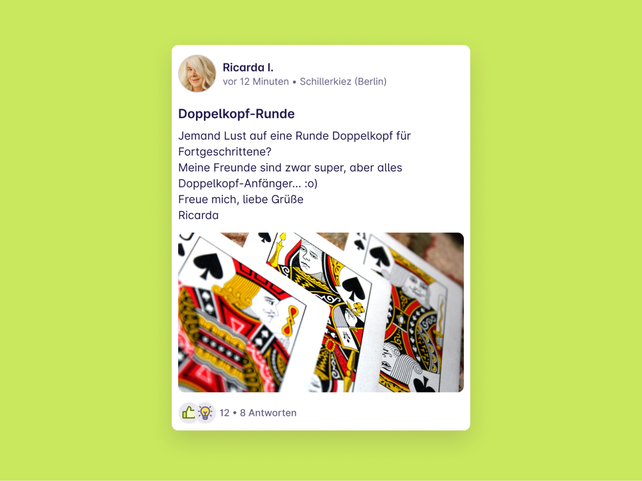 Screenshot von einem Post "Doppelkopf Runde" von Ricarda I. aus Schillerkiez (Berlin)