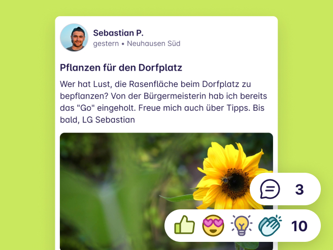 Screenshot von einem Post "Pflanzen für den Dorfplatz" von Sebastian P. aus Neuhausen Süd