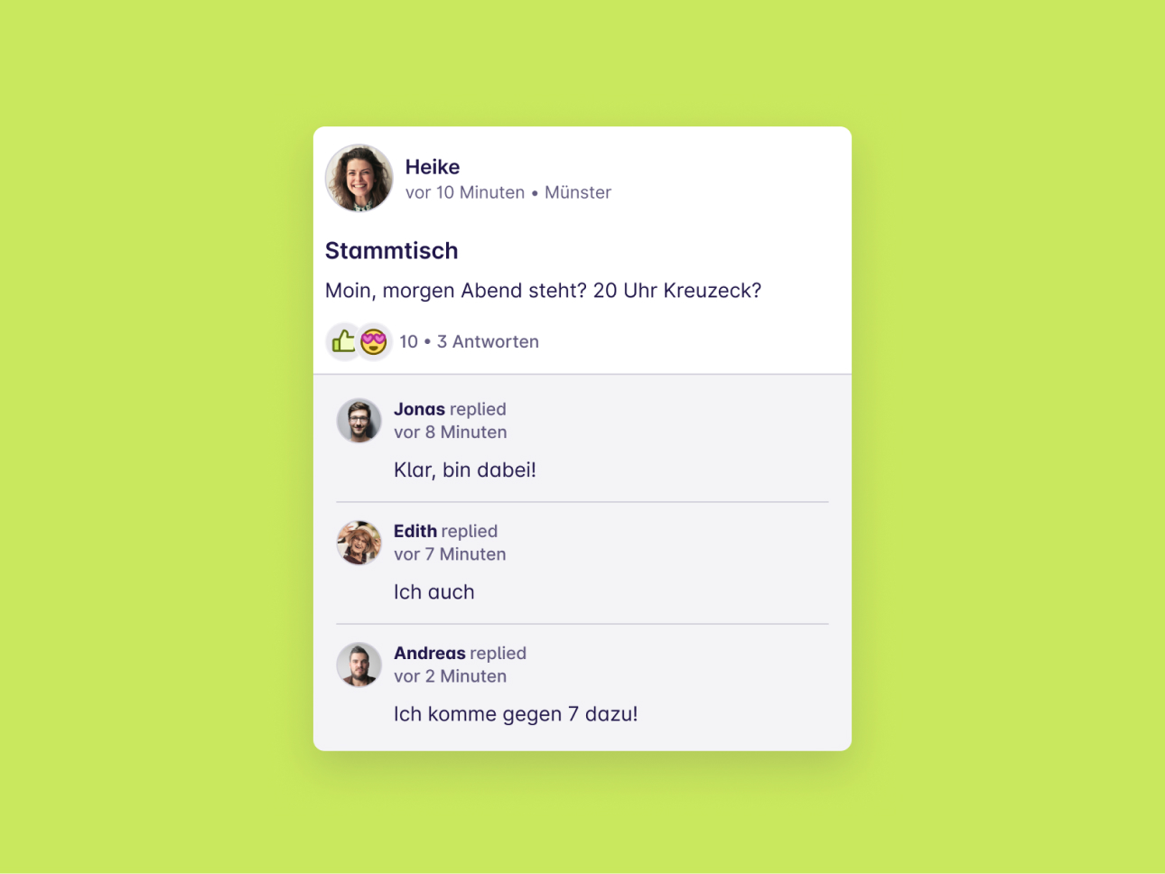 Screenshot von einem Post "Stammtisch" von Heike aus Münster