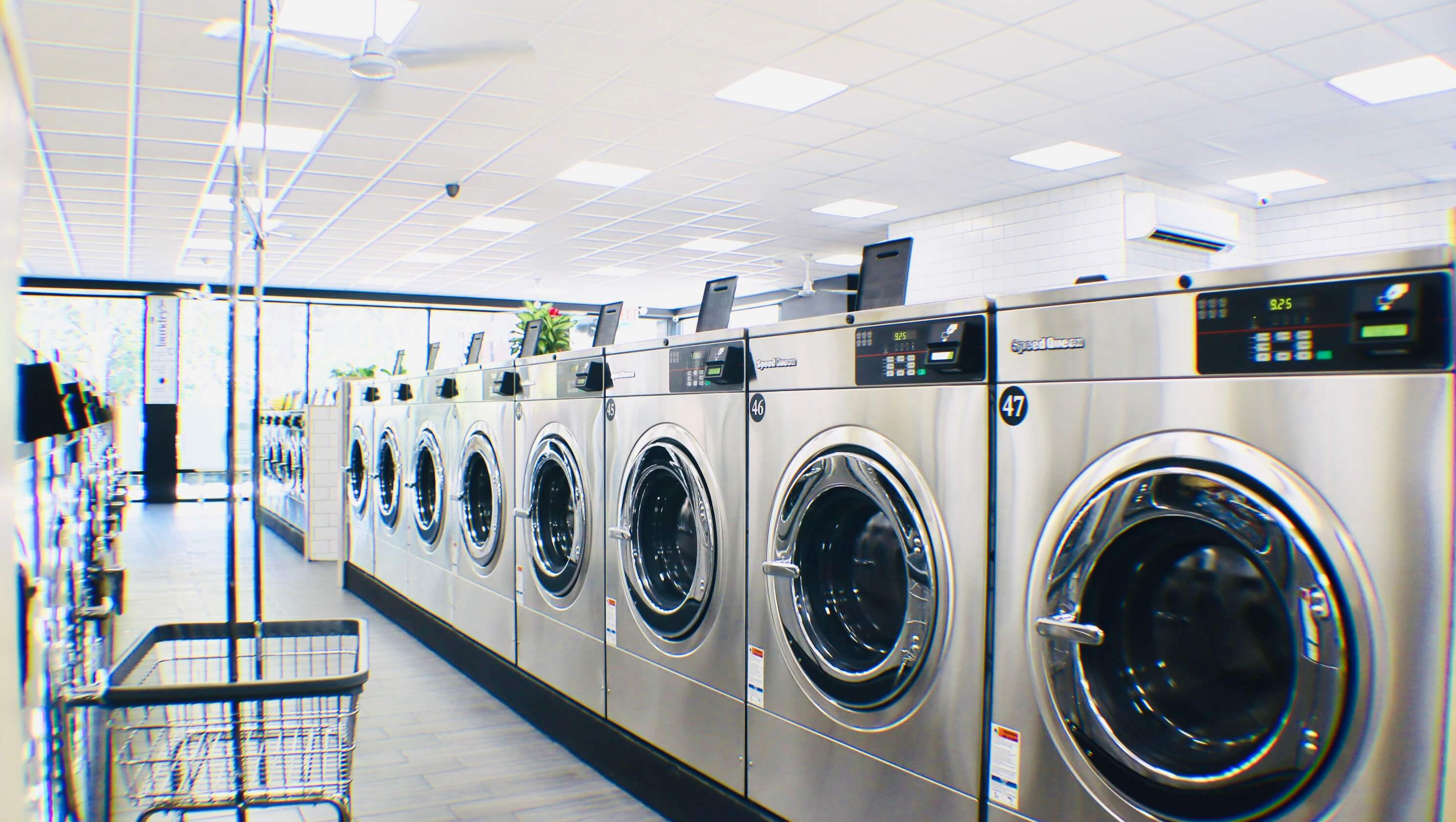 Two children observing washing machines in a laundry room.