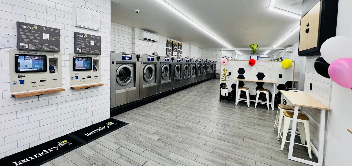 Self-service payment kiosks and washers at LaundryBee Bushwick