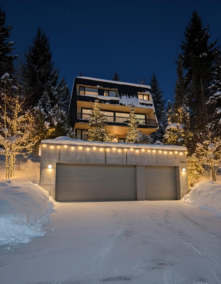 Hillside modern home in Whistler with recent snowfall and trees lit up.