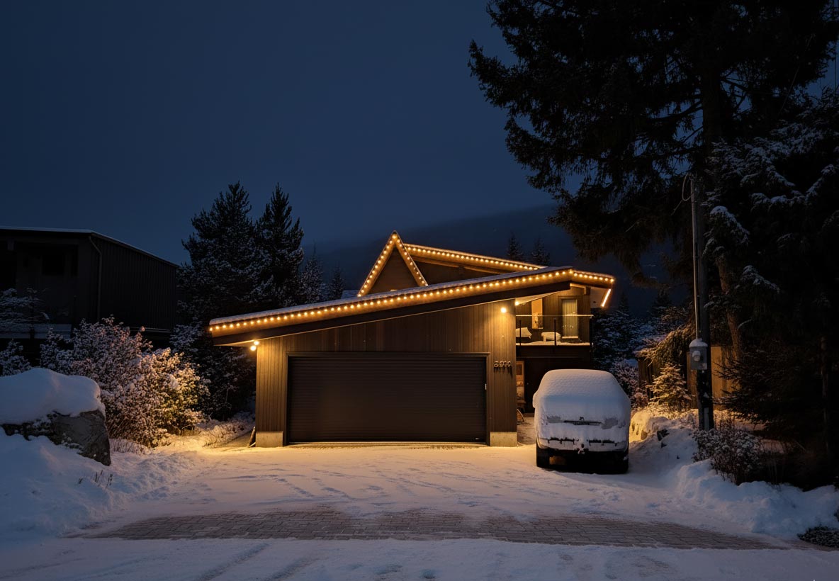 Winter shot of modern house with recent snowfall and warm lights