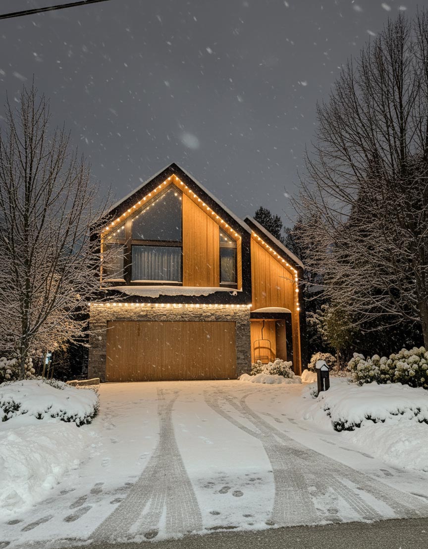 Modern house during snow storm, lit up with winter holiday lights