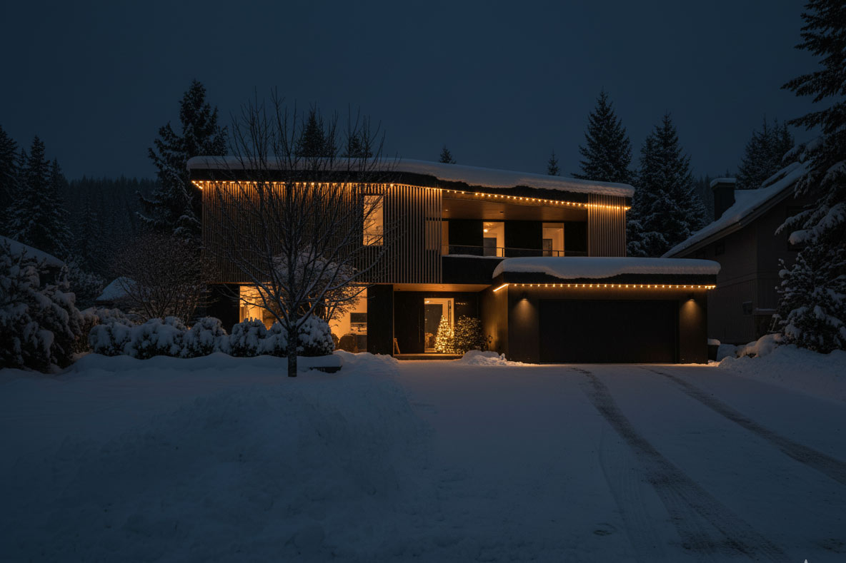Modern Whistler home shown after snowfall at night