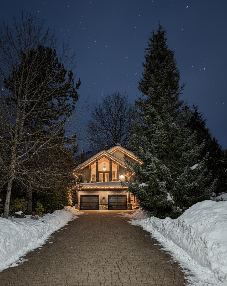 Home in Whistler shown in early evening in winter time