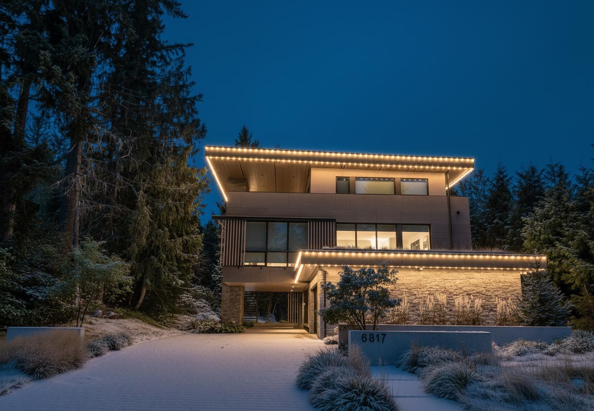Holiday lights on modern house in winter after snowfall