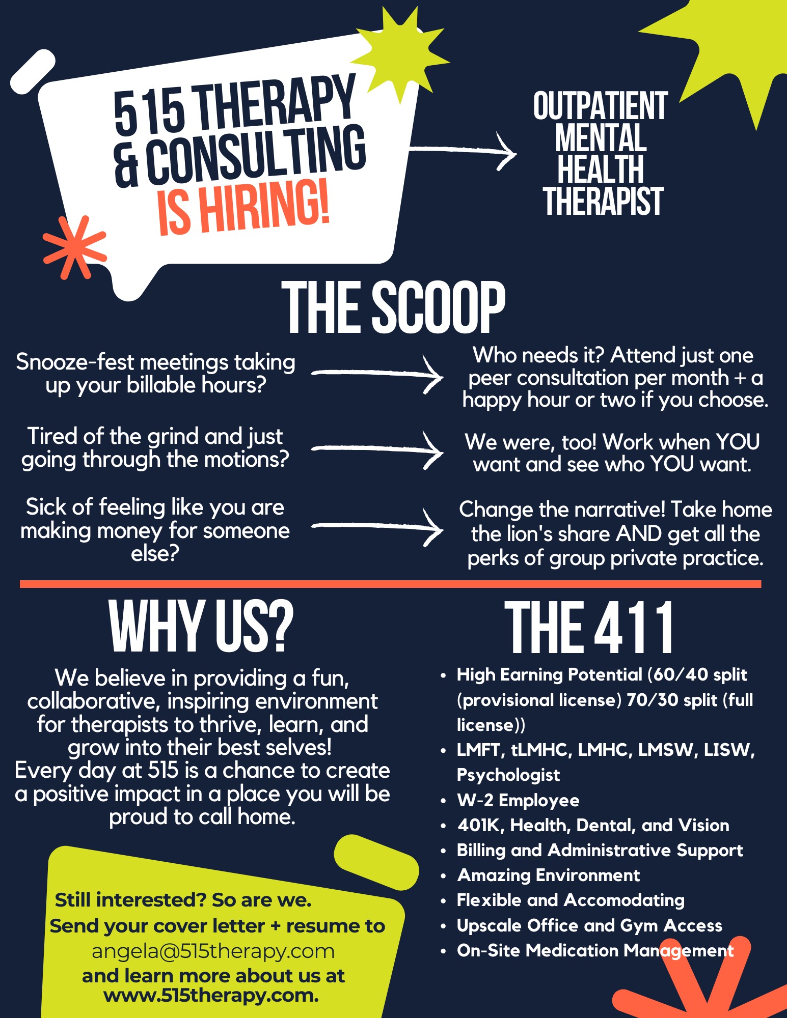 Job posting flyer containing information about the benefits of working at 515 Therapy.