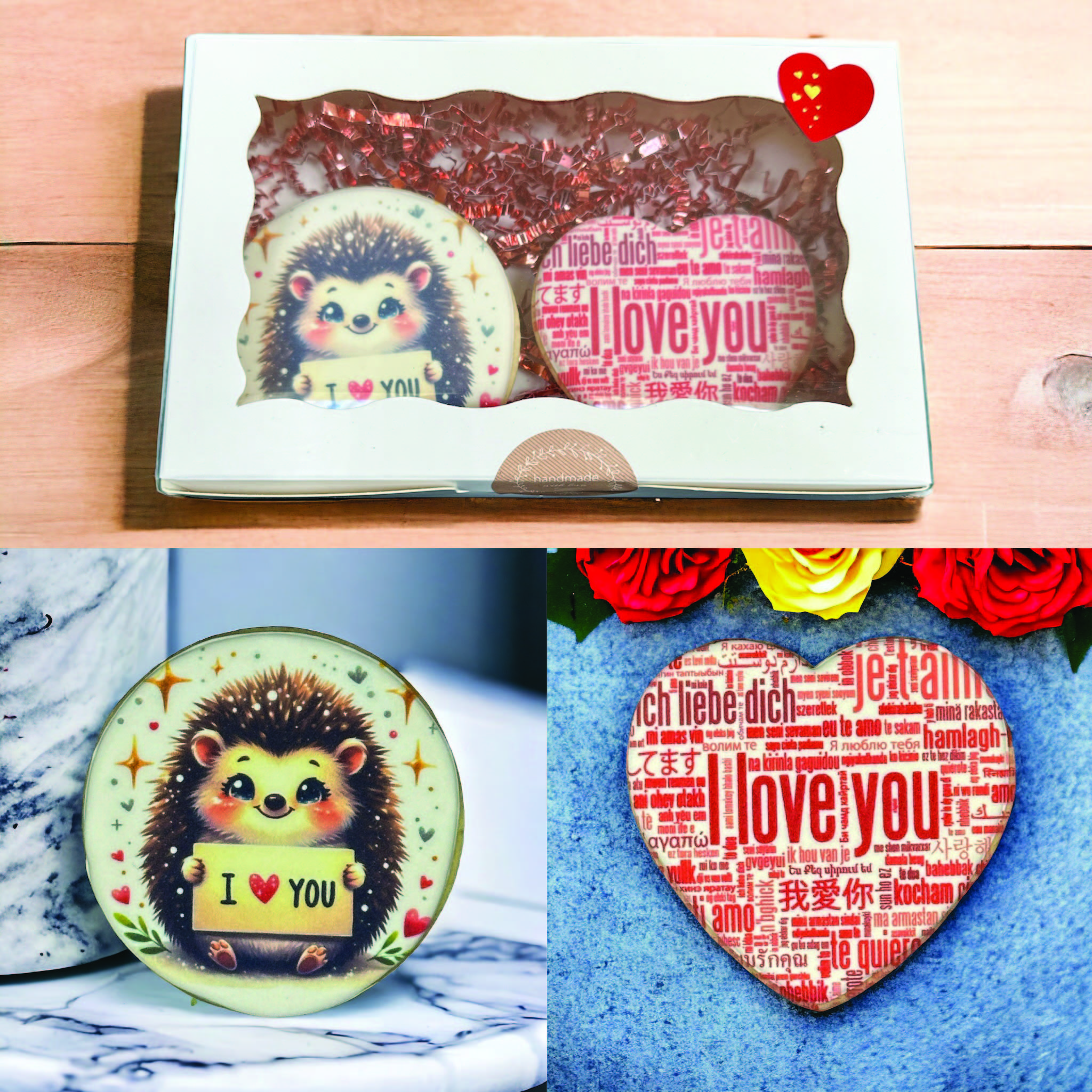 2 large 3in sugar cookies (I love you porcupine circle / I love you languages heart)