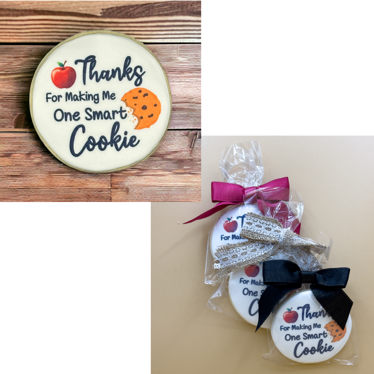 "Thanks for making me one smart cookie" 3in circle cookie in a heat sealed bag with bow (metallic pink, metallic black or jute with lace).
Please add a note at the end of your order, if you have a bow color preference. Otherwise, we will pick the color for you. OPTIONAL - customize it with the teacher's name at no additional charge. Please add a note at checkout.