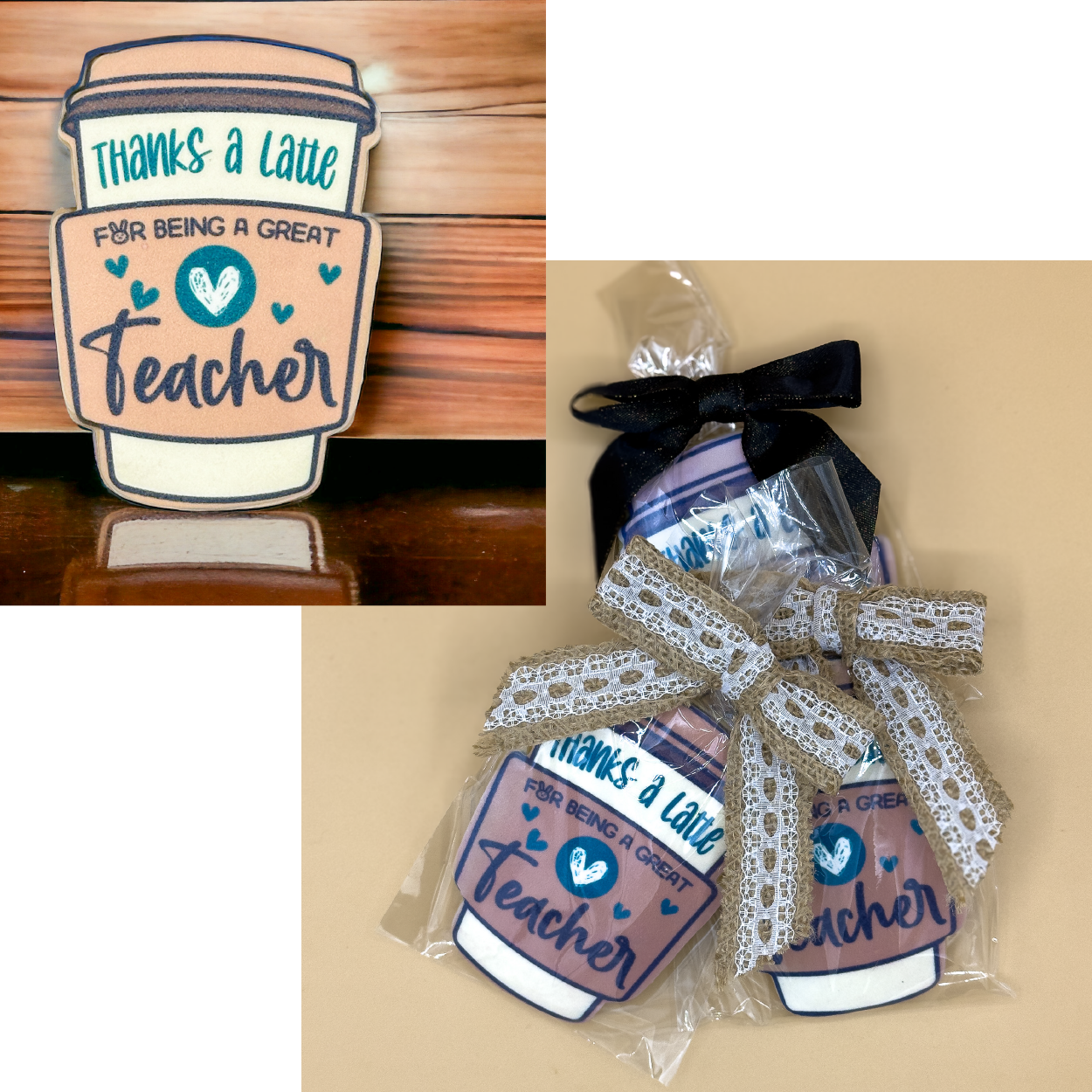 Thanks a Latte for being a great teacher 4in cookie in a heat sealed bag with bow (metallic pink, metallic black or jute with lace).
Please add a note at the end of your order, if you have a bow color preference. Otherwise, we will pick the color for you. 