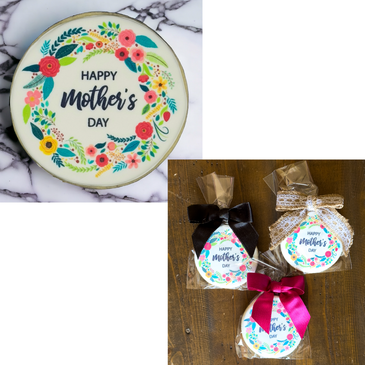 Happy Mother's Day 3in circle cookie in a heat sealed bag with bow (metallic pink, metallic black or jute with lace).
Please add a note at the end of your order, if you have a bow color preference. Otherwise, we will pick the color for you.
