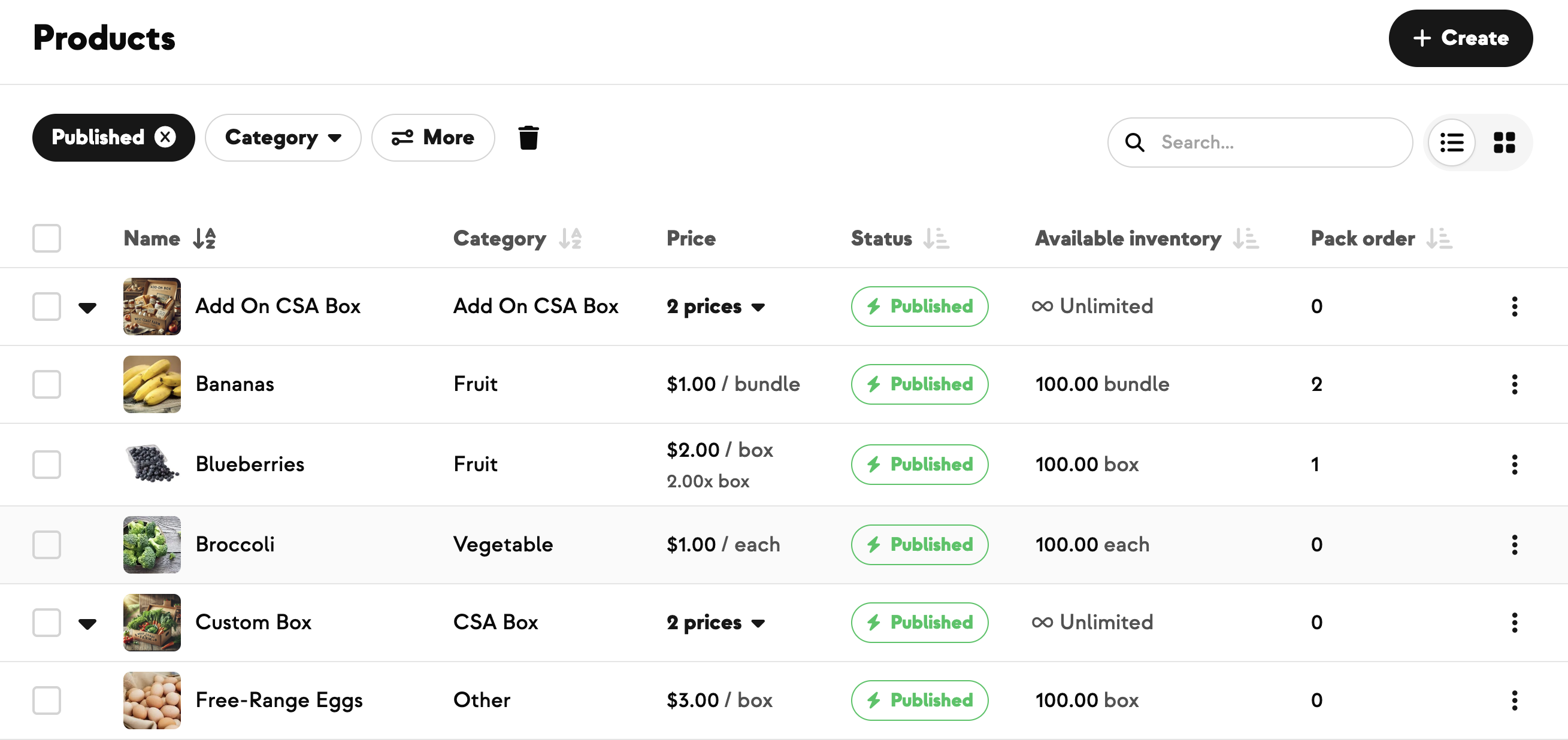 Products feed showing the new Pack order column with sortable, inline-editable values.