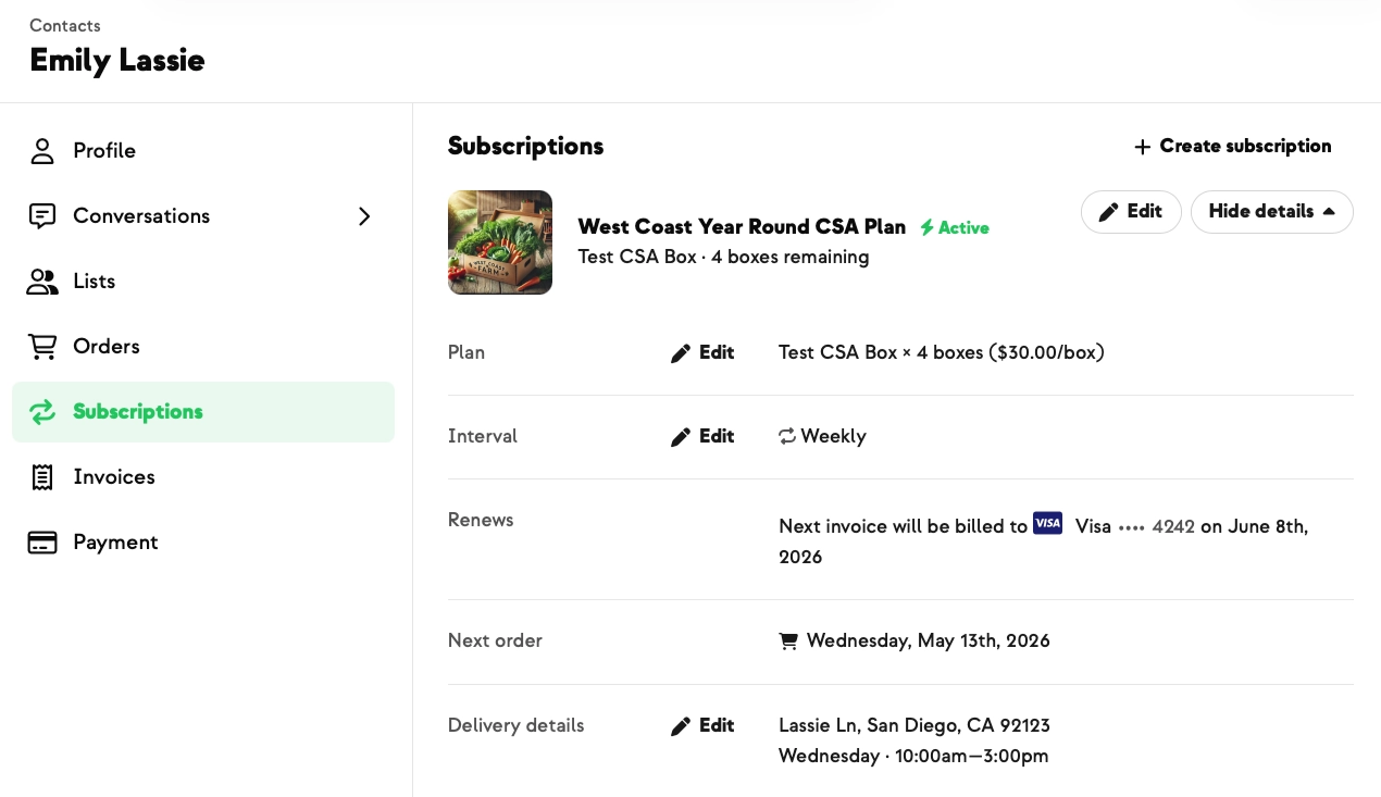 Admin dashboard showing the new Edit button next to a subscription's Delivery details, with the dialog open to pick a new delivery option.