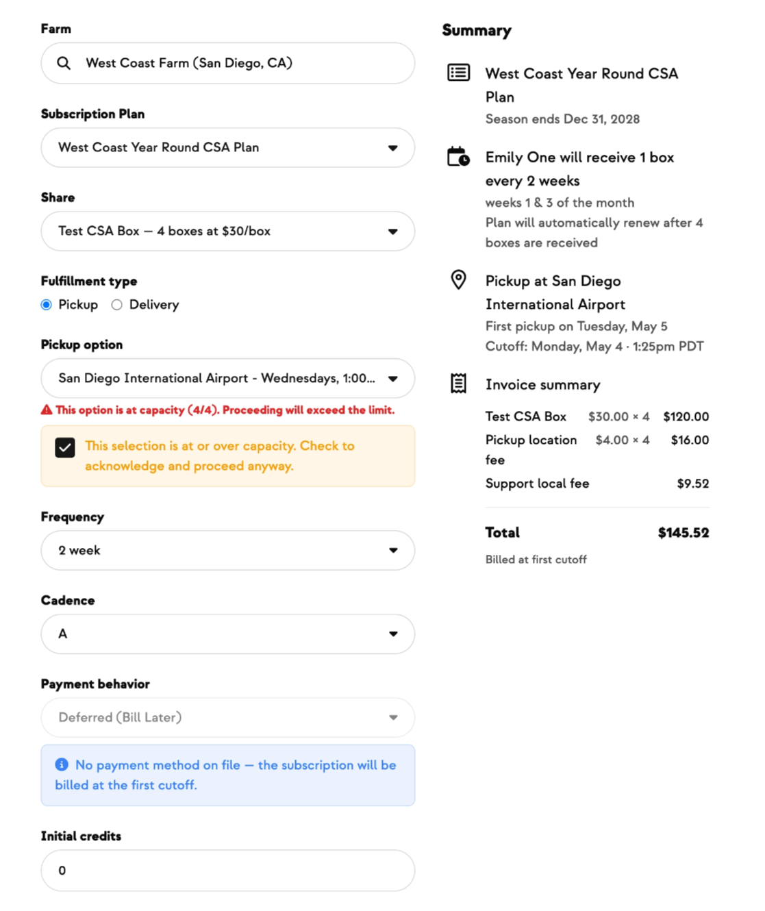 Live order preview showing customer's first CSA order before submitting