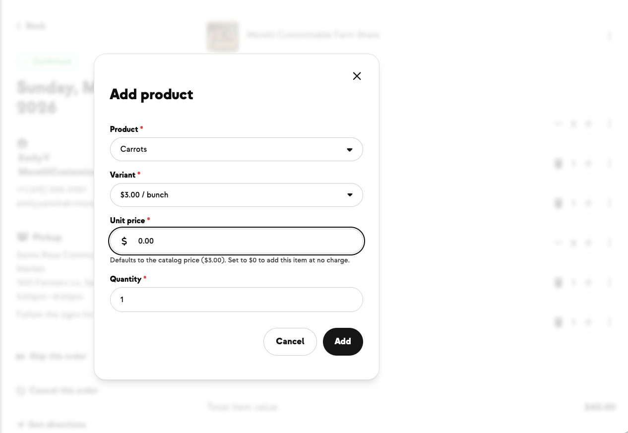 Editing unit price in the Add Product tool on a customizable CSA order