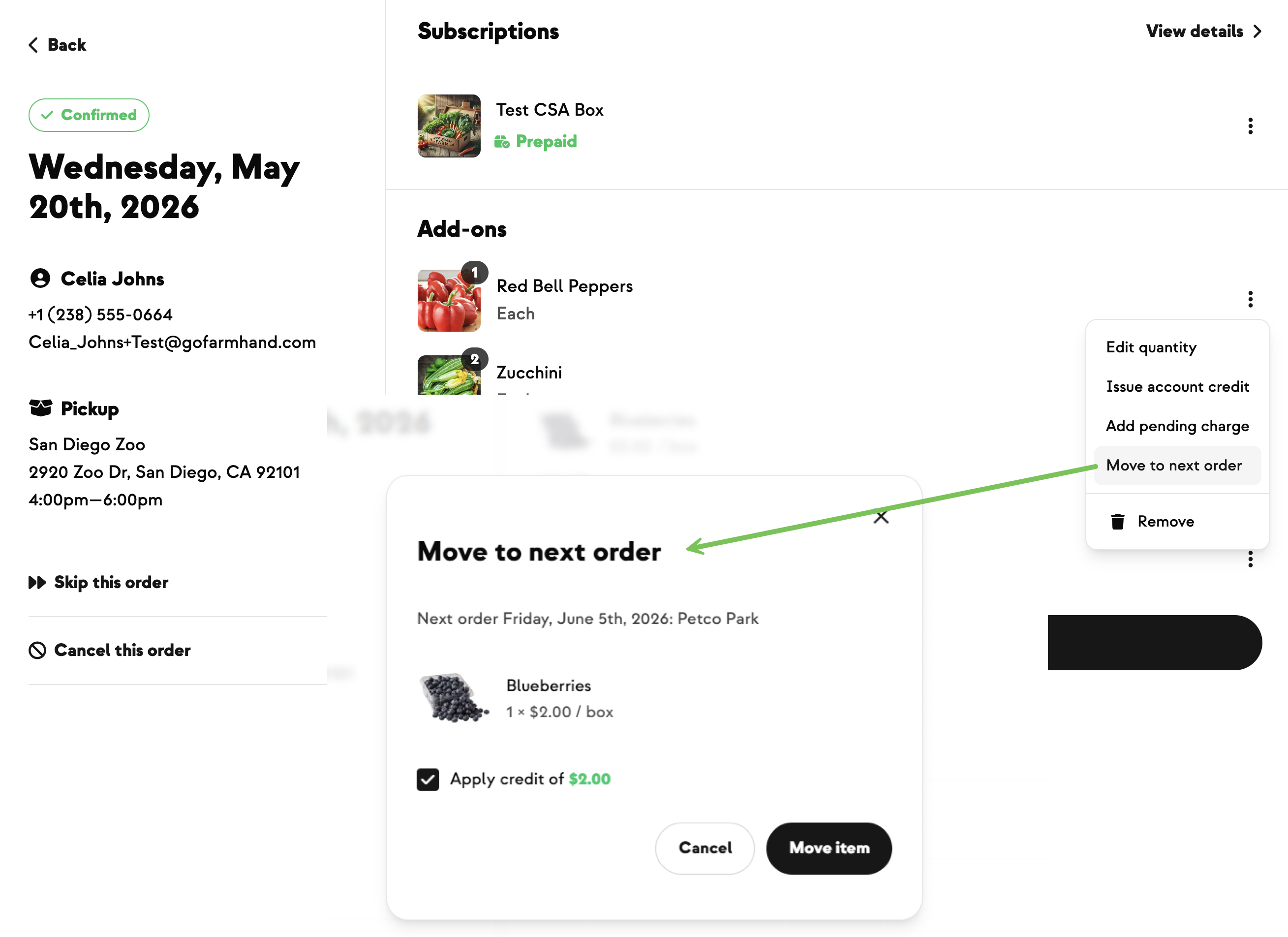 Move to next order action in the kebab menu on a confirmed CSA add-on item