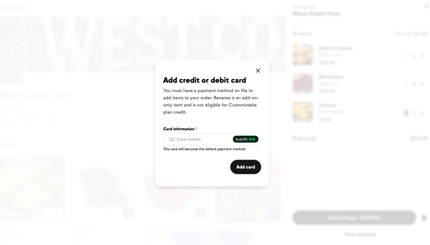 Add card dialog opening on top of the open cart in the member shop