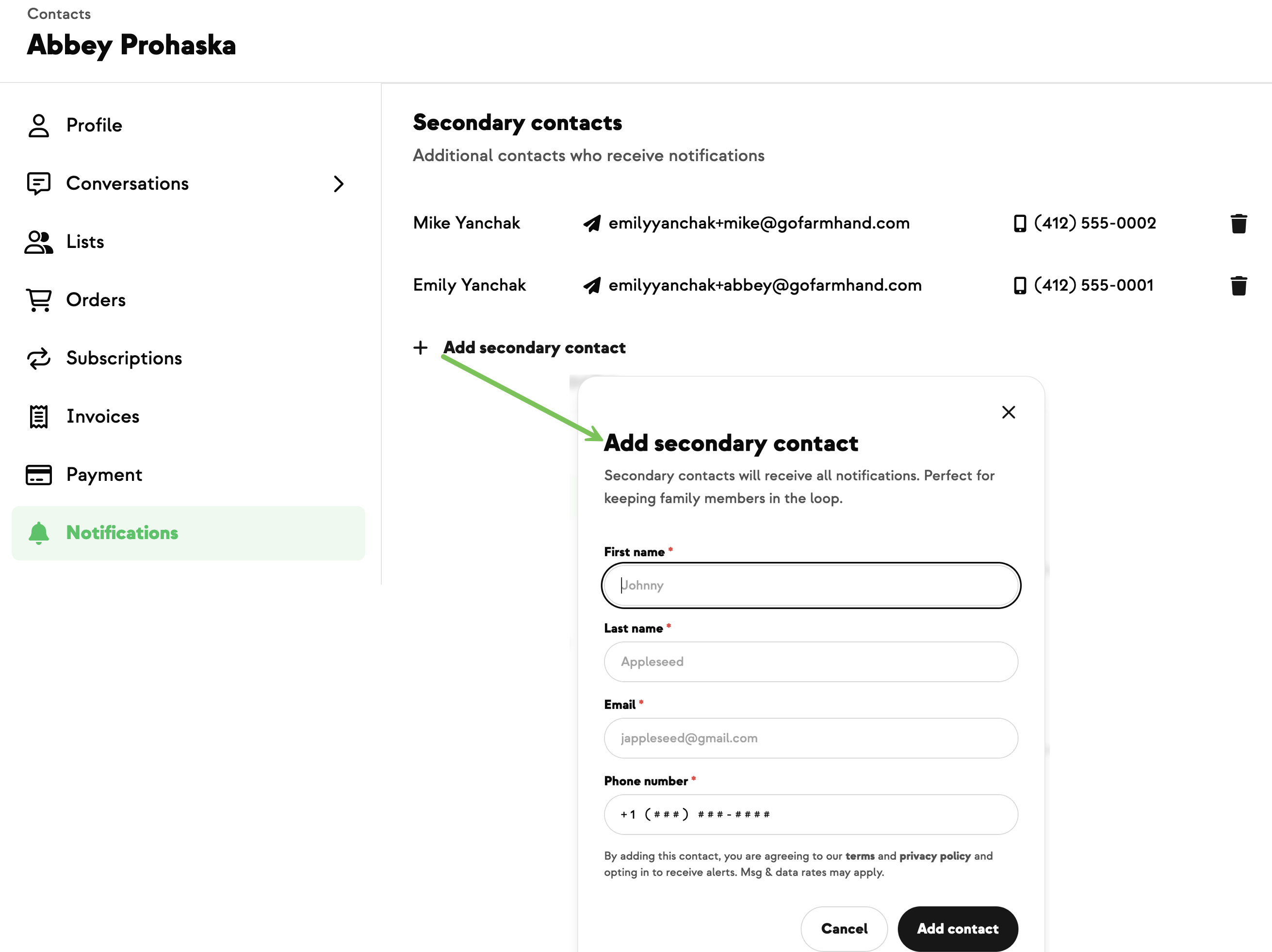 The new Notifications tab on a contact's dashboard