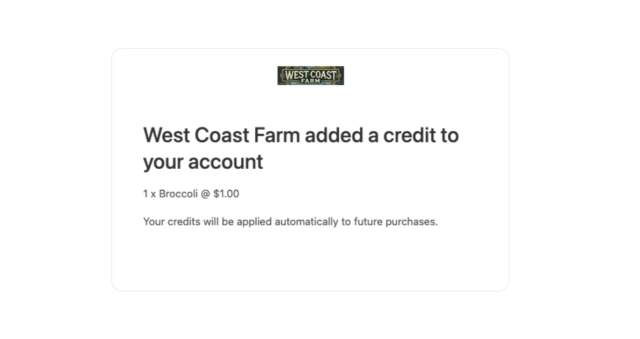 A transactional email showing the farm's own logo at the top