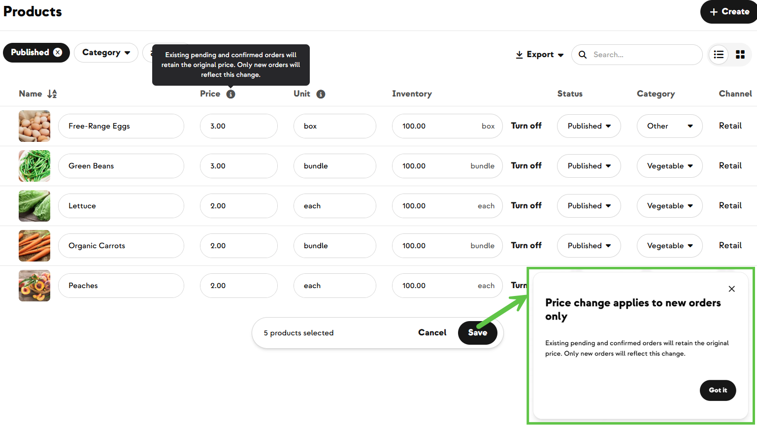 The price change warning dialog in the bulk editor