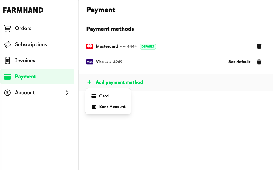The Add payment method menu on the member Account Payment page