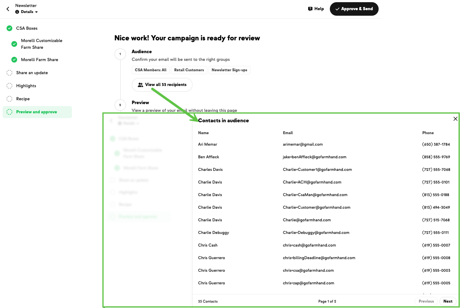 The recipients drawer open on a campaign preview page