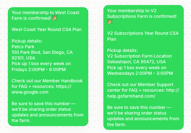The subscription welcome SMS with a Member Handbook link