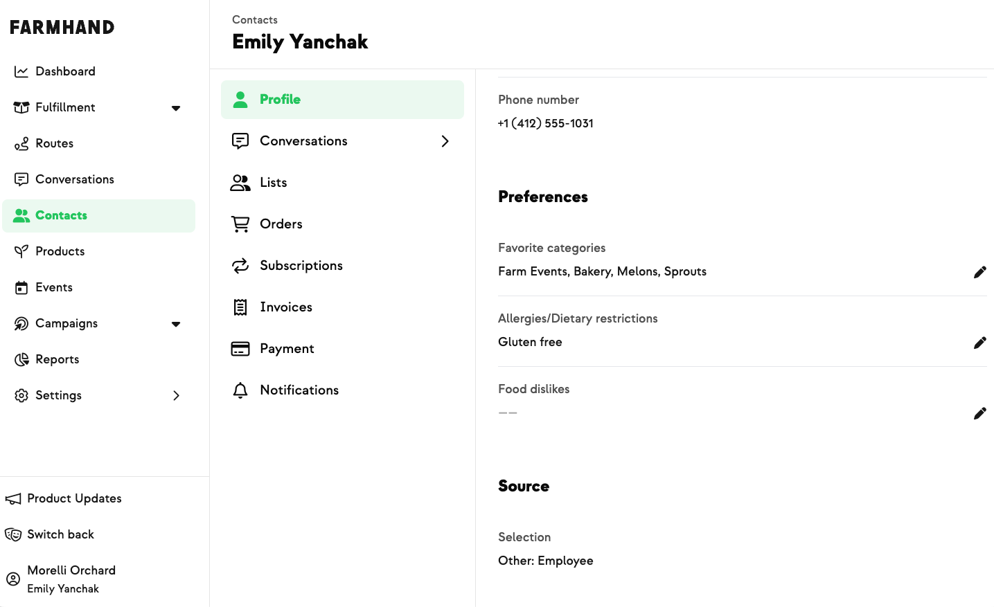 Editing a member's allergies and food preferences from their profile