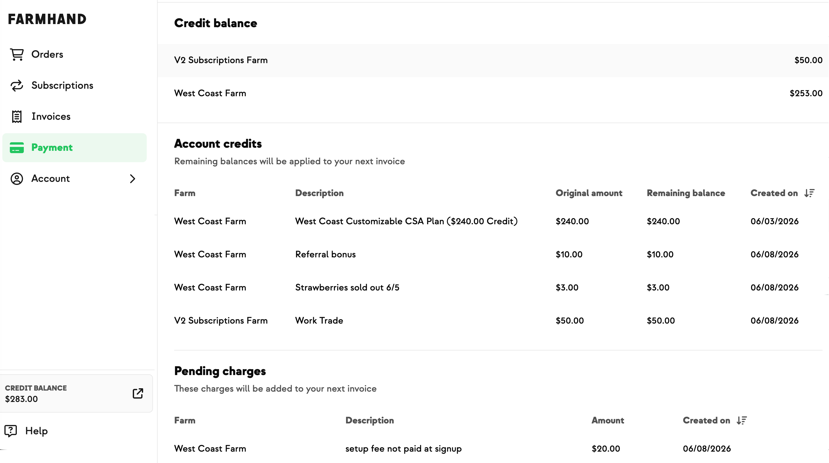 The per-farm Credit balance table on the payment page