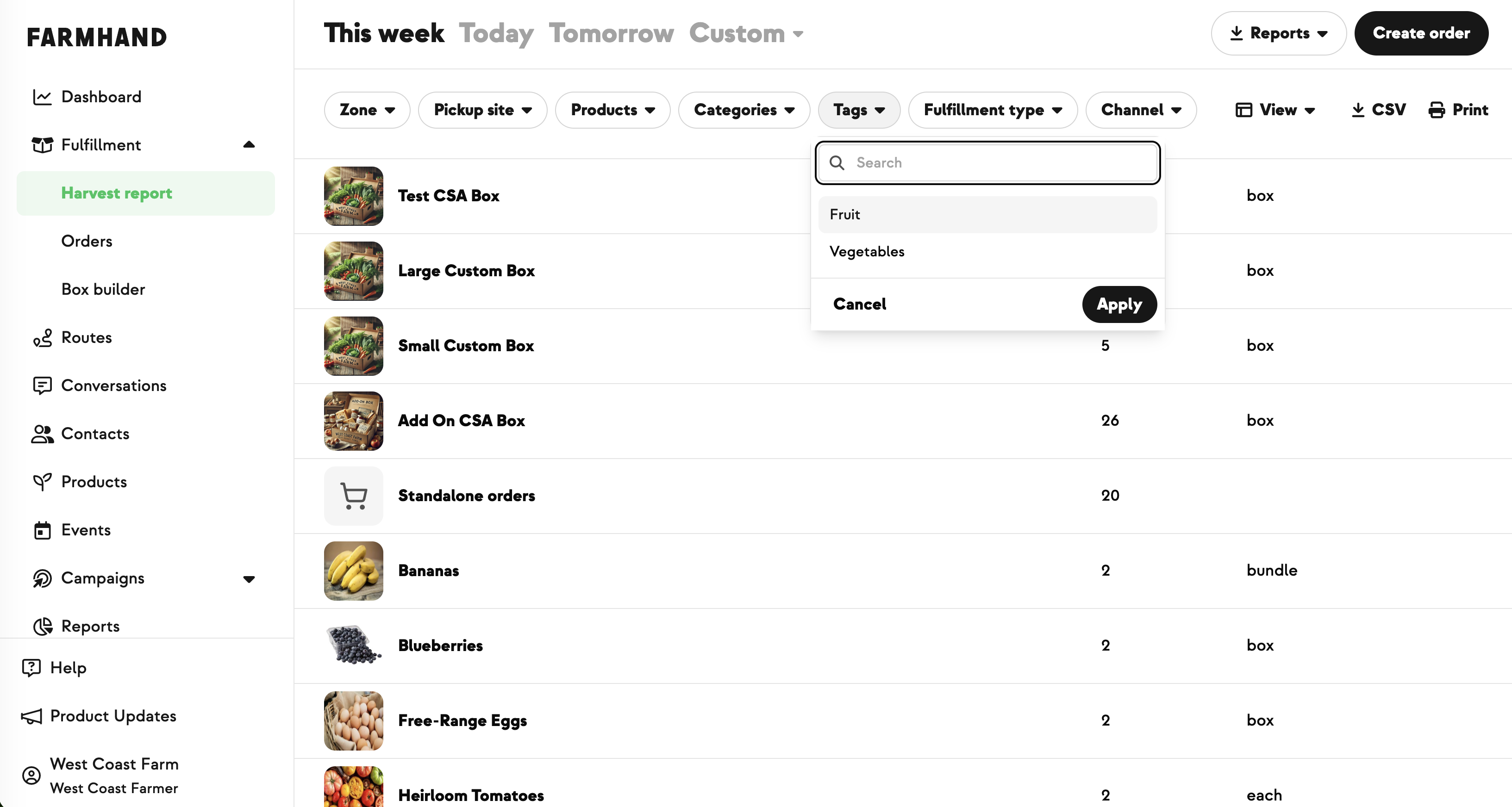 Searchable Products filter and new Tags filter on the Harvest Report